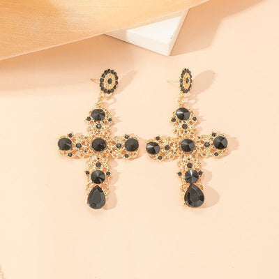 1 Pair Gothic Vintage Black Crystal Cross Drop Earrings, Punk Style Zinc Alloy Jewelry - Zambeel