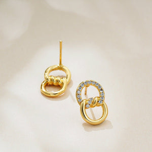 18K Gold Double D Ring Micro Inlaid Zircon Bends And Hitches Stud Earrings - Zambeel