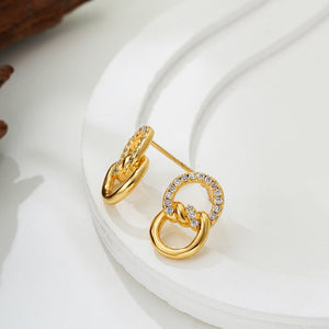 18K Gold Double D Ring Micro Inlaid Zircon Bends And Hitches Stud Earrings - Zambeel