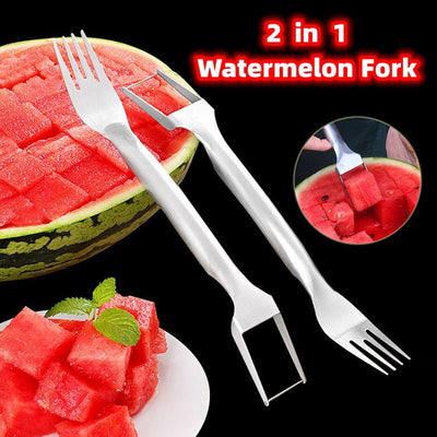 2 In 1 Watermelon Fork Slicer Multi - purpose Stainless Steel Watermelon Slicer Cutter Kitchen Fruit Cutting Fork Fruit Divider Kitchen Gadgets - Zambeel