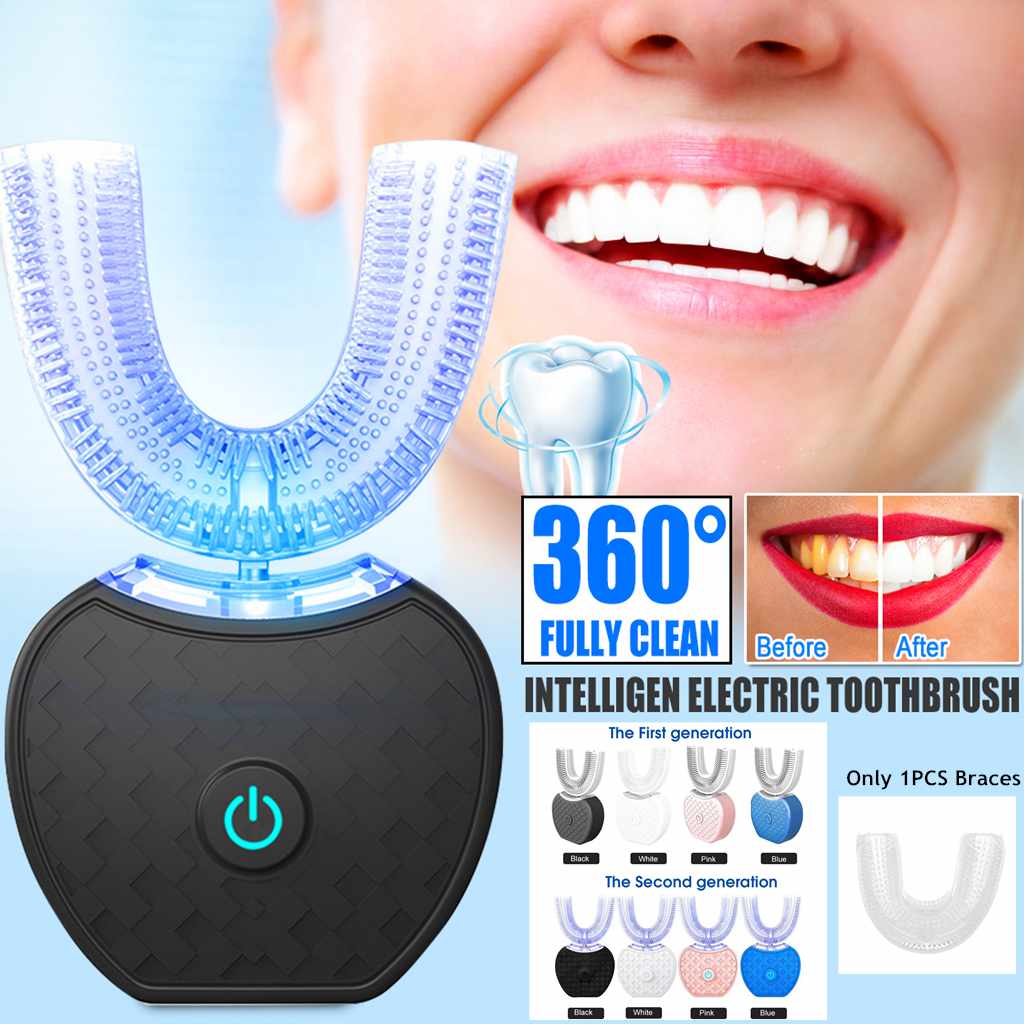 360 Degrees Intelligent Automatic Electric Toothbrush Waterproof U Type Tooth Brush Whitening Blue Light USB Charging - Zambeel