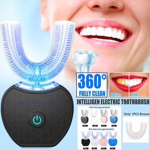 360 Degrees Intelligent Automatic Electric Toothbrush Waterproof U Type Tooth Brush Whitening Blue Light USB Charging - Zambeel