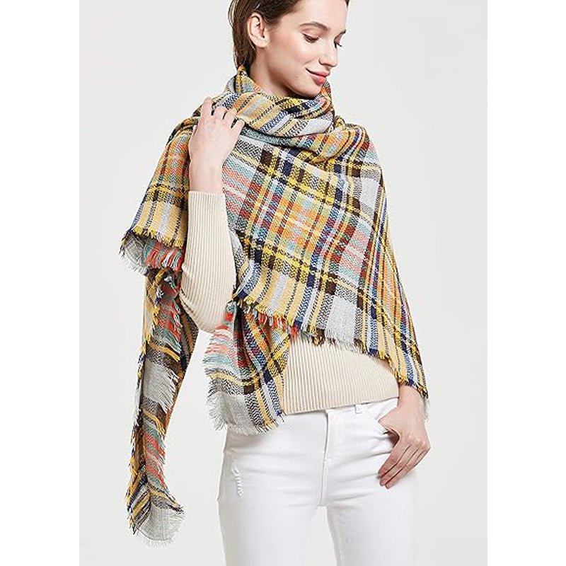 59 X 59in Yellow Blue Womens Fall Winter Scarf Plaid Tassel Soft Warm Blanket Scarves Womens Shawl Wraps - Zambeel