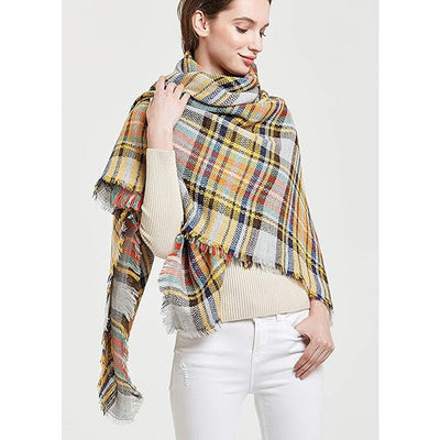 59 X 59in Yellow Blue Womens Fall Winter Scarf Plaid Tassel Soft Warm Blanket Scarves Womens Shawl Wraps - Zambeel