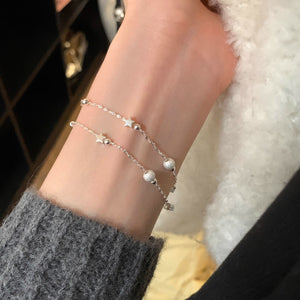 999 Fine Silver Matte Ball Double - Layer Sterling Silver Bracelet For Women - Zambeel