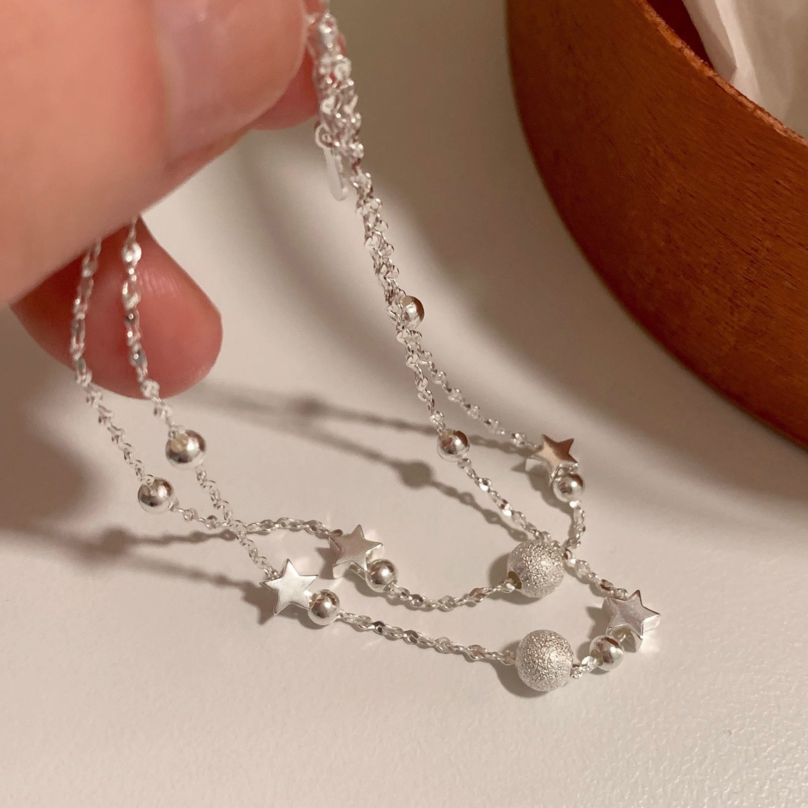 999 Fine Silver Matte Ball Double - Layer Sterling Silver Bracelet For Women - Zambeel