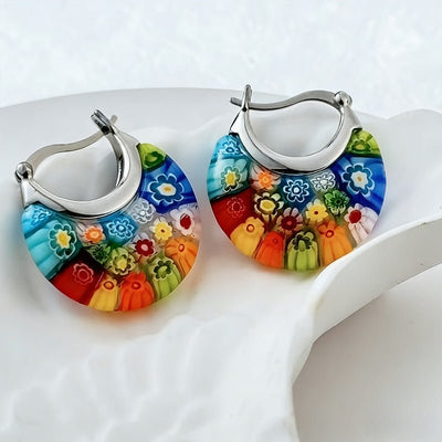 A Pair Of Bohemian - style Stained - glass Hoop Earrings - Zambeel