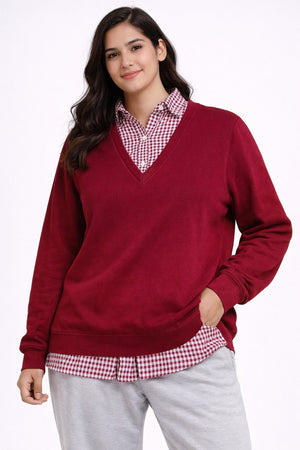 Burgundy Layered V - Neck Sweatshirt - Zambeel
