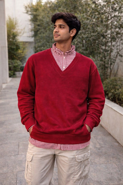Burgundy Layered V - Neck Sweatshirt - Zambeel
