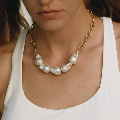 Elegant 18K Gold Stainless Steel Baroque Pearl Necklace - Zambeel