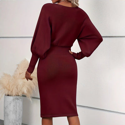 Elegant Crew - neck Flared - sleeve Waist - cinching Sheath Skirt - Zambeel