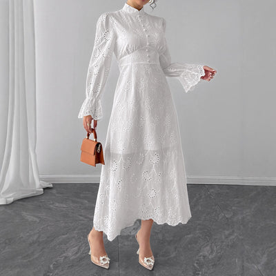Elegant Vacation Long - Sleeve Hollow - Out Waist - Cinching Button Dress - Zambeel