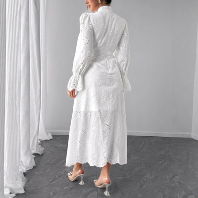 Elegant Vacation Long - Sleeve Hollow - Out Waist - Cinching Button Dress - Zambeel