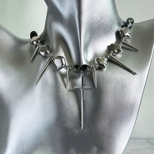 Exaggerated Punk Necklace With Cross - Shaped Rivets - Zambeel