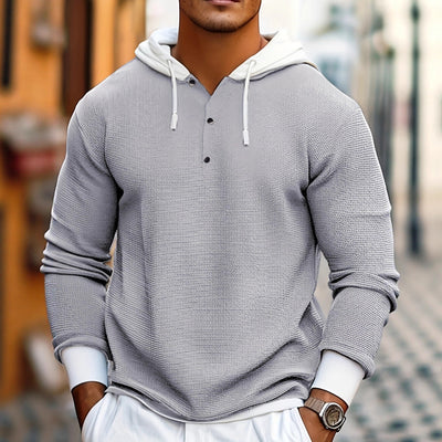 FallWinter Casual Textured Waffle - knit Contrast - color Long - sleeve Hoodie With Buttons - Zambeel