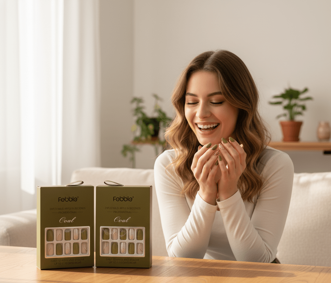 Febble - Olive Green & Silver Glam Press - On Nails (Original) - Zambeel