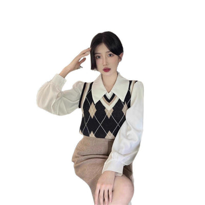 French - style Vintage White Polo - collar Long - sleeve Shirt - Zambeel