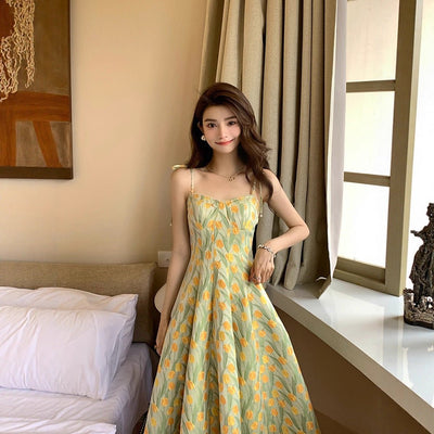 Fresh And Sweet Floral Splicing Travel Print Dress - Zambeel