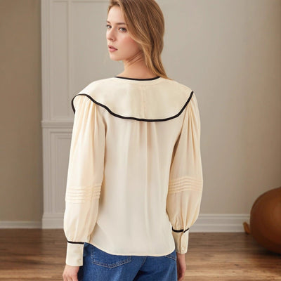 New Women's V - neck Retro Loose - fit Contrast - color Pleated Blouse - Zambeel