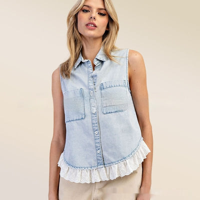 Patchwork Denim Sleeveless Shirt - Zambeel