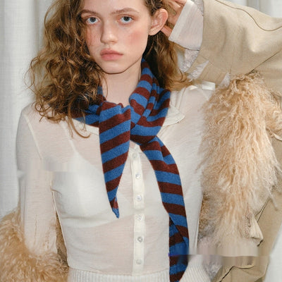 Pure Wool Striped Knitted Triangular Warm Neck Scarfhat - Zambeel