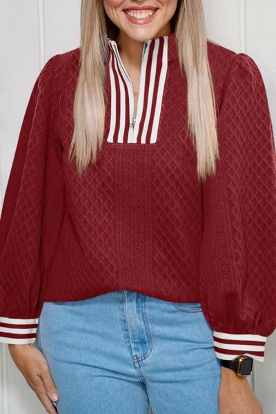 Racing Red Diamond - Texture Striped Patchwork Zip - Neck Pullover Sweater - Zambeel