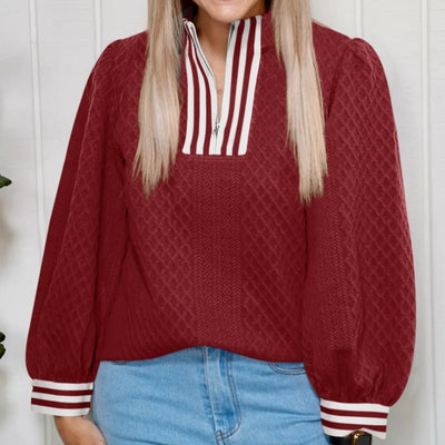 Racing Red Diamond - Texture Striped Patchwork Zip - Neck Pullover Sweater - Zambeel