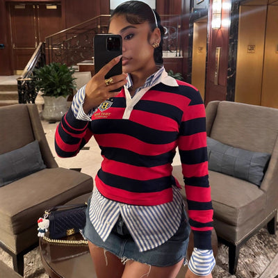 Retro Contrasting Color Embroidered Design Lapel Hoodie Top - Zambeel