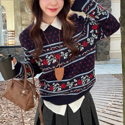 Round - Neck Rose Jacquard Knit Sweater Loose - Fit Pullover - Zambeel