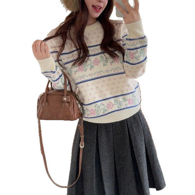 Round - Neck Rose Jacquard Knit Sweater Loose - Fit Pullover - Zambeel