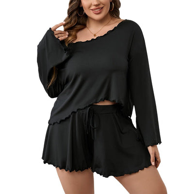 Simple - style Plus - size Loungewear Set Summer Ruffled - edge Long - sleeve Top And Cropped Pants - Zambeel