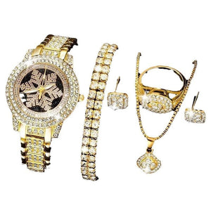 Snowflake Pattern Watch Luxury Full Rhinestone Jewelry Five - piece Set - Zambeel