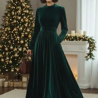 Stand Collar Loose Party Pocket Solid Velvet Long Sleeve Maxi Dress - Zambeel