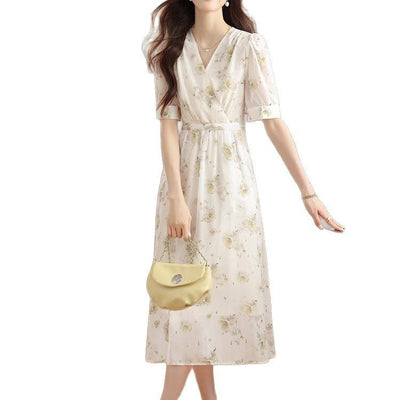 V - neck Puffed - sleeve Patchwork Printed Midi Dress - Zambeel