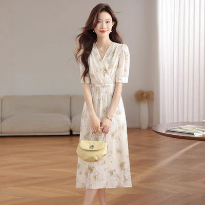 V - neck Puffed - sleeve Patchwork Printed Midi Dress - Zambeel