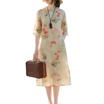 Women's Cotton And Linen Improved Qipao Dress With Stand Collar - Zambeel