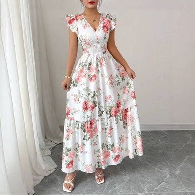 Women's Fashionable Elegant And Sophisticated Printed Dress With Ruffled Sleeves - Zambeel