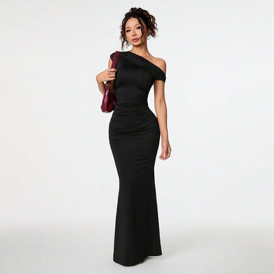 Women's Sexy Socialite - style Dress Summer Off - shoulder Slant - neck Black Evening Gown Maxi Dress - Zambeel